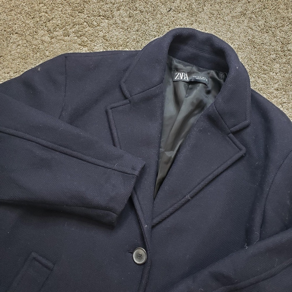 ZARA Coat Womens S Blue Long Pea Overcoat Collared Lined Pockets Button Wool